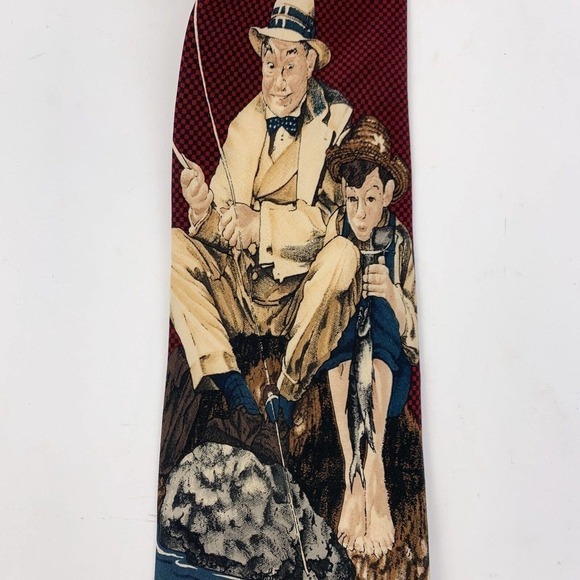 VINTAGE 1995 Saturday Evening Post Norman Rockwell Fishing Silk Tie 57 x 3.9" - Picture 2 of 5
